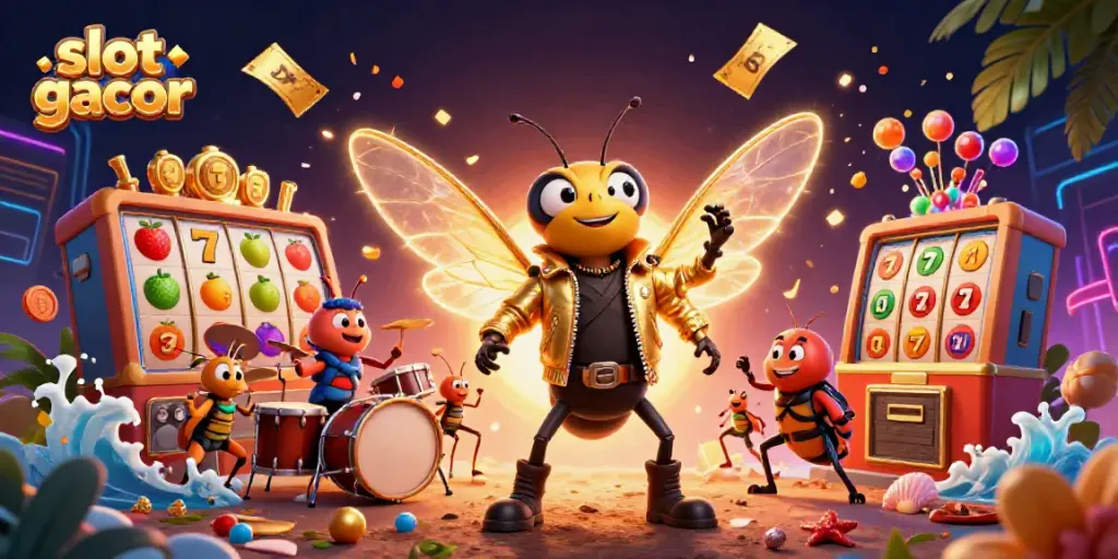 Engage in slot gacor excitement with a rock star cicada and vibrant game elements.