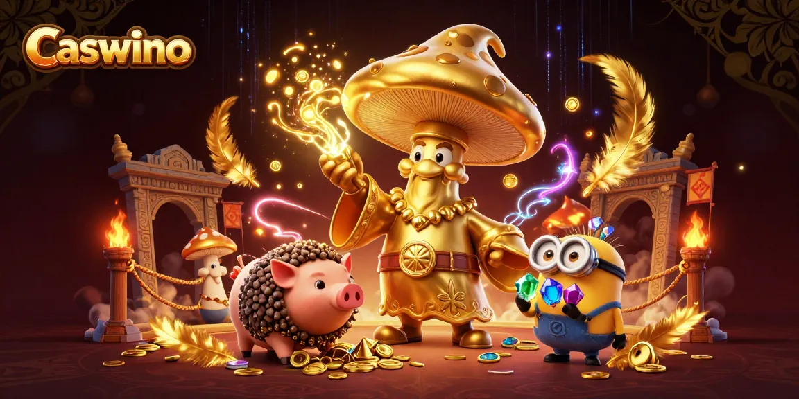 Experience the magic of Caswino casino with a wizard and treasure-hunting pig surrounded by gold and gaming elements.