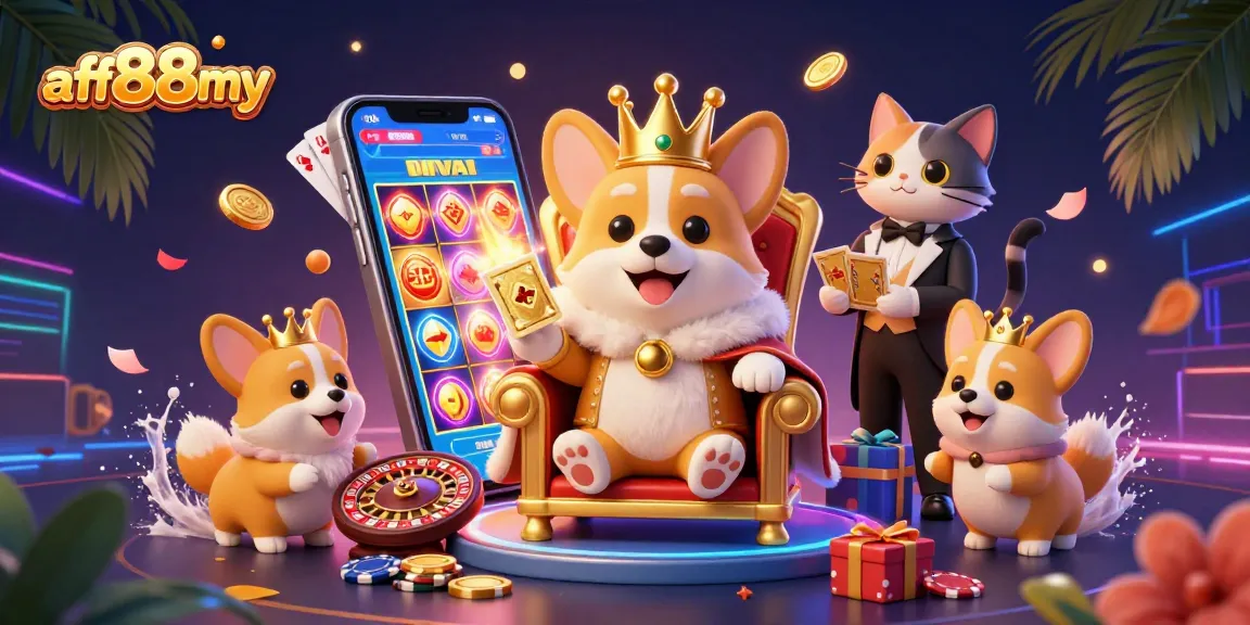 Experience gambling excitement with afb88my in this vibrant 3D casino scene featuring slot games.