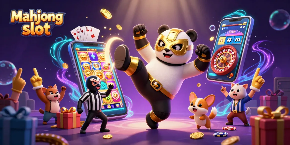 Engage in thrilling mahjong slot action as a panda wrestler performs amidst colorful gaming elements.