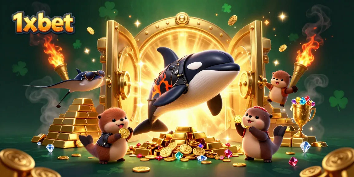 Engage in exciting betting action with 1x bet, showcasing an orca, stingray, and playful sea otters.
