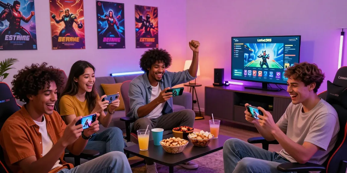 A group of friends enjoying a gaming session with lotus365 app in a lively living room, showcasing excitement and camaraderie.