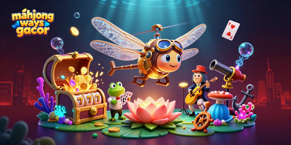Play mahjong ways gacor with a vibrant scene featuring a dragonfly pilot and frog croupier in a casino