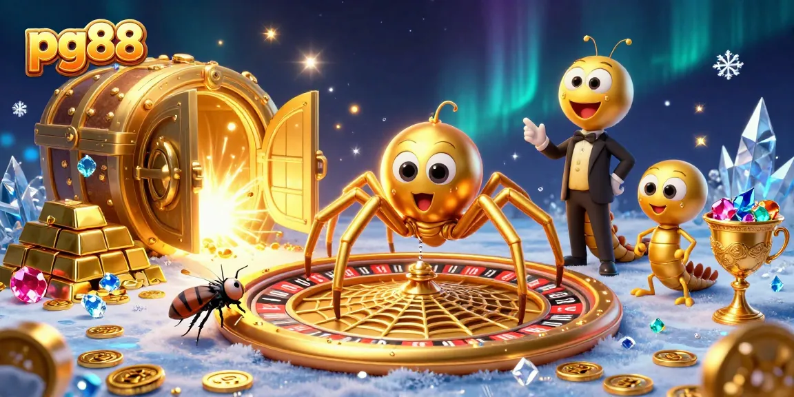 Place bets at pg88's roulette wheel with a golden spider, large gems, and a lively scene.
