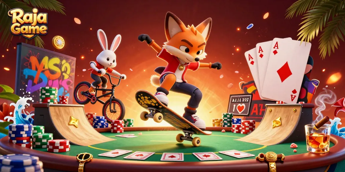 Raja Game showcases a thrilling casino scene with a skateboarder fox and BMX rabbit in action.