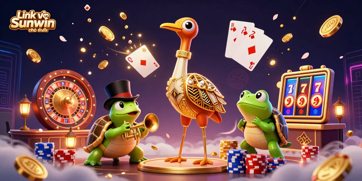 Play vibrant casino games with Link vào Sunwin chính thức in this dynamic illustration featuring 3D characters and elements.