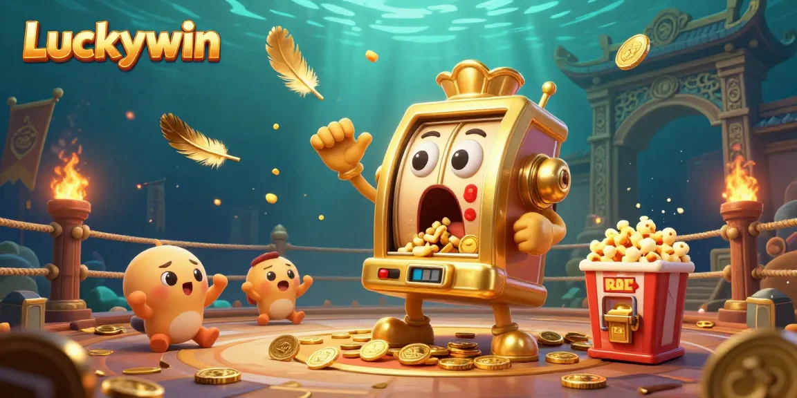 Experience Luckywin magic with a golden slot machine hitting the jackpot as coins spill in a vibrant casino scene.