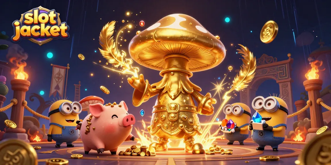 Slot jackpot yang menakjubkan ditangkap dalam ilustrasi 3D penuh warna dengan karakter ajaib dan banyak emas.