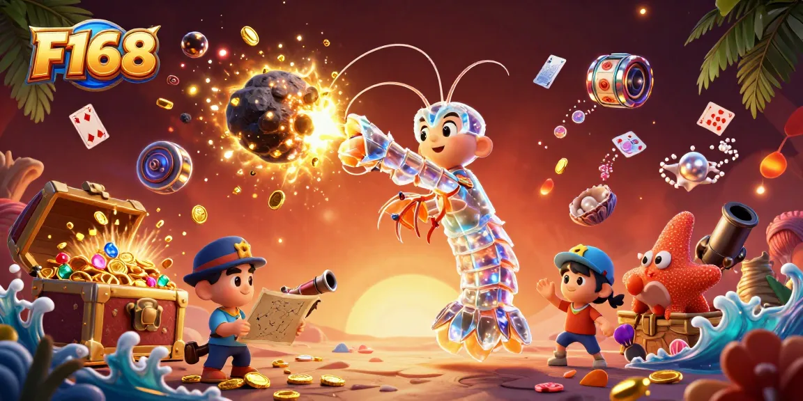 Experience the thrill of F168 gaming with an explosion of gems and coins in a vibrant underwater scene.