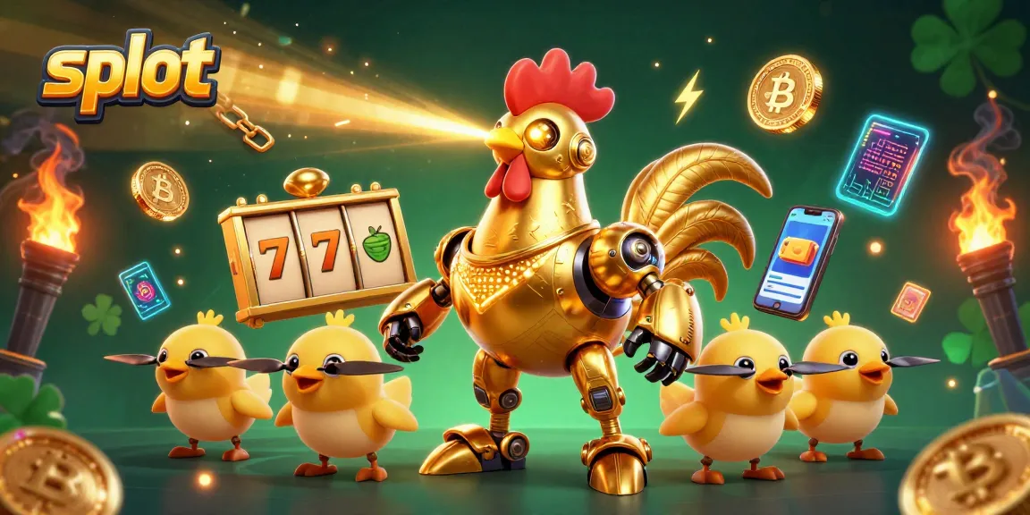 Memenangkan jackpot pada slot dengan ilustrasi robot ayam emas 3D yang menarik di kasino online.