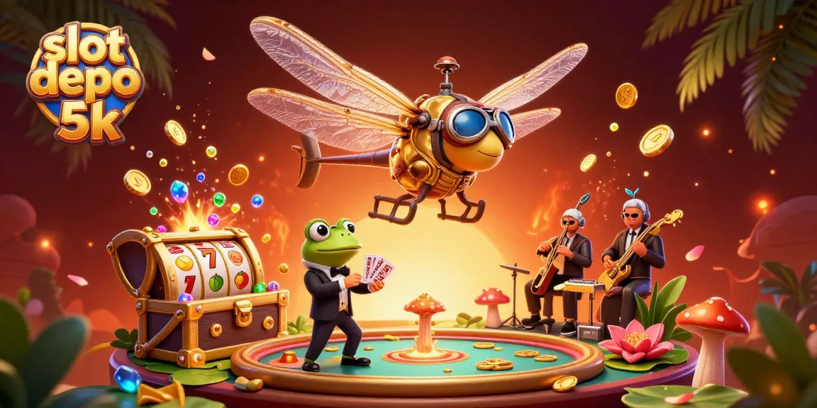 Engage with thrilling slot depo 5k action in a vibrant casino scene, featuring a dragonfly pilot and frog croupier.