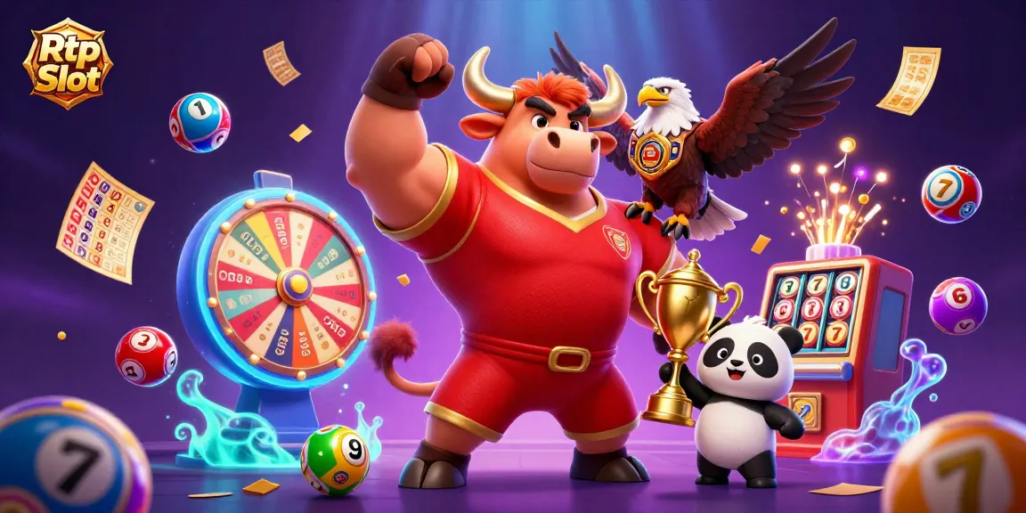 Win with Rtp Slot; energetic 3D bull, eagle, and panda surrounded by vibrant gaming elements.