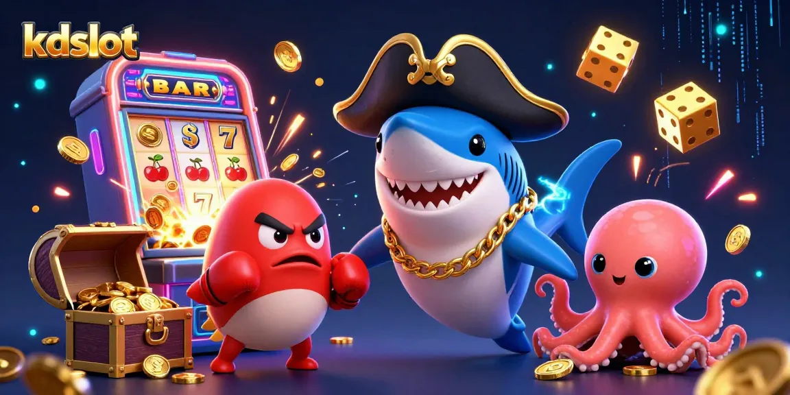 Engage with kdslot's vibrant casino scene featuring a cartoon pirate shark, pufferfish, and octopus amid slots and bright decorations.