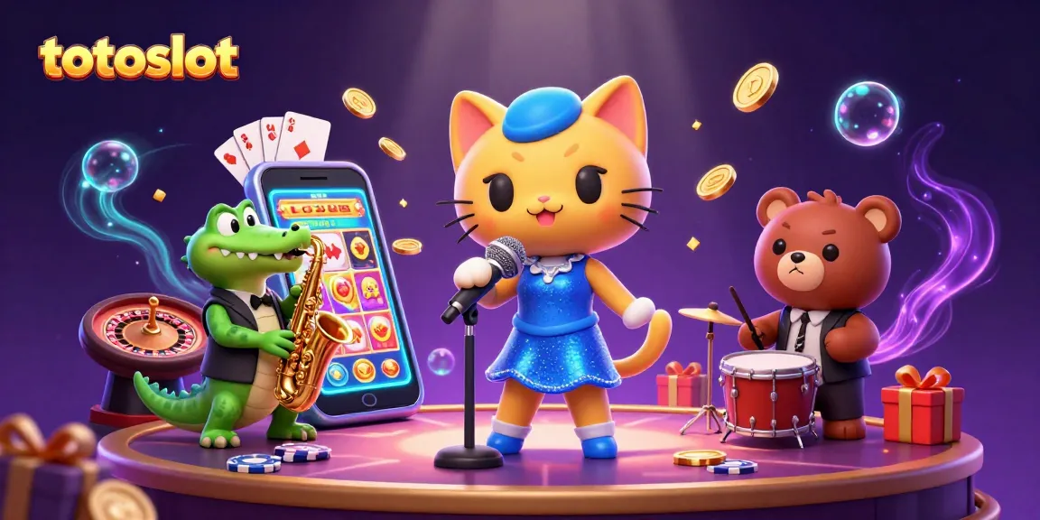 Totoslot showcases a vibrant 3D scene with a jazzy cat singer, crocodile musician, and bear drummer, celebrating online gambling excitement.