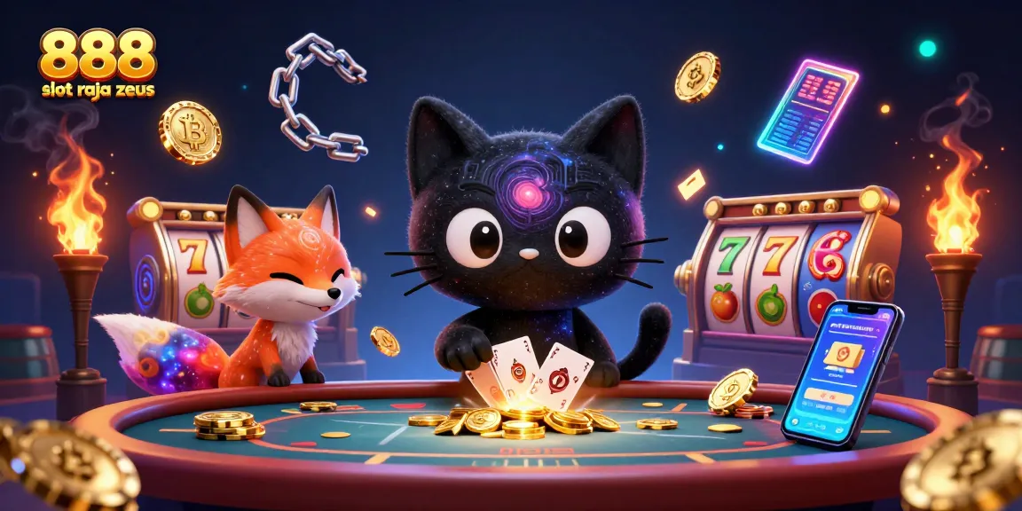 Engage in the thrilling world of 888 slot raja zeus with vibrant slots and cosmic characters at a casino table.