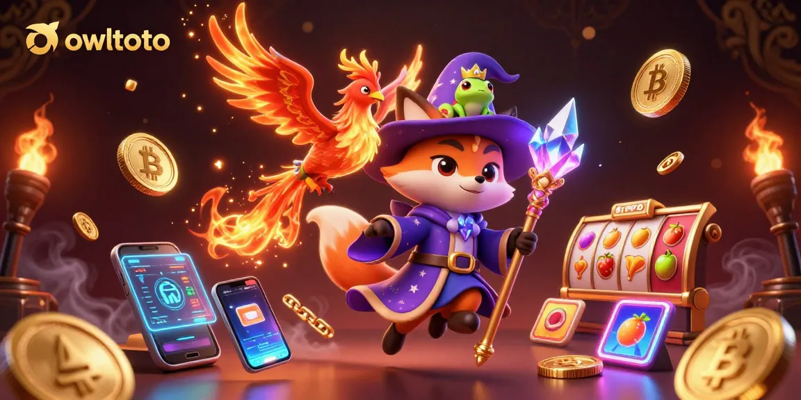 Engage with owltoto's vibrant casino experience featuring a magical wizard fox, phoenix, and slot game elements.