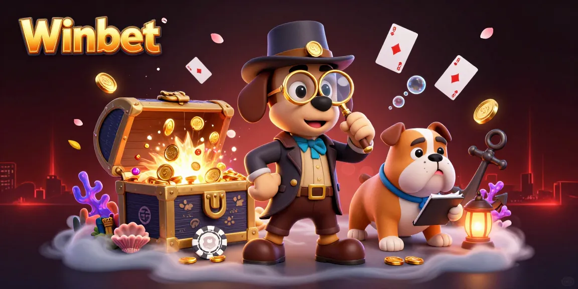Winbet's exciting casino scene showcases cartoon detective adventure with poker clues and treasure.