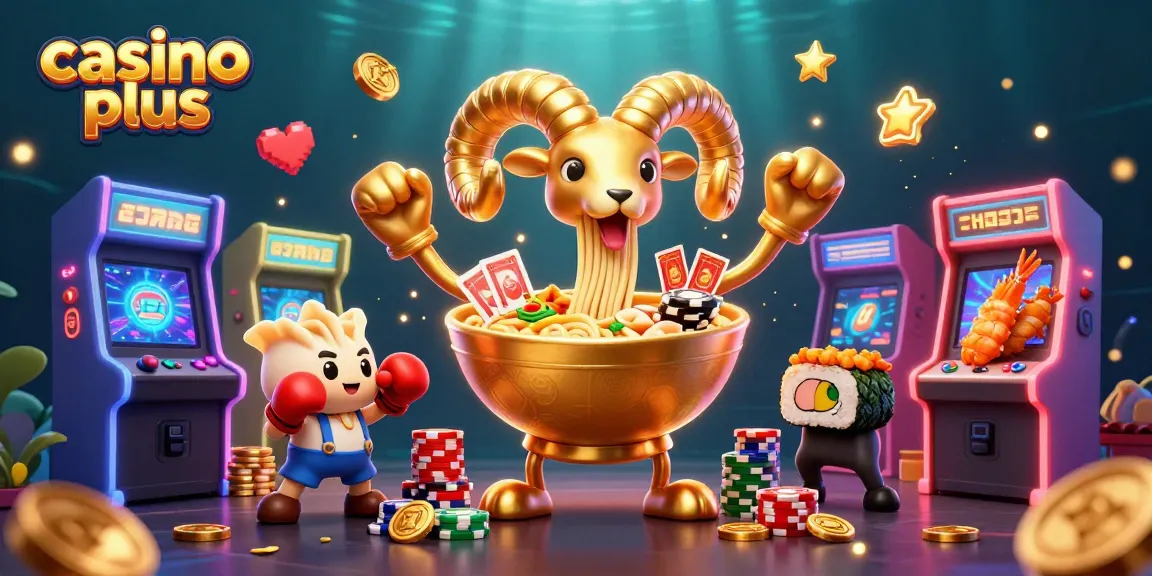 Casinoworthy scene featuring a vibrant golden ramen bowl with noodle tentacles and energetic characters celebrating casino plus games.