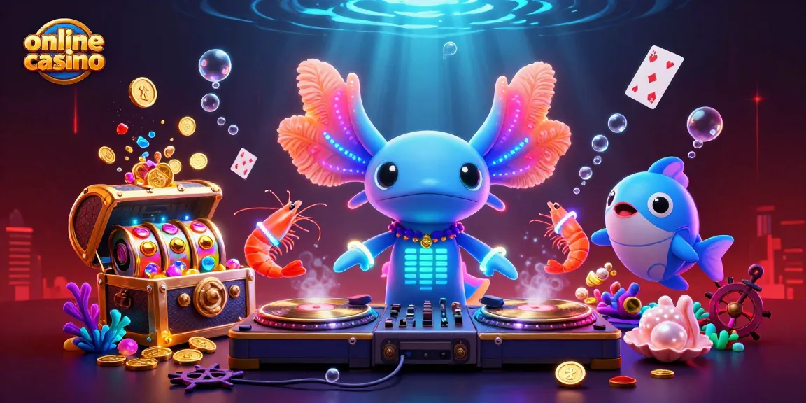 Experience the thrill of online casino vibes with a neon axolotl DJ and vibrant underwater scene.