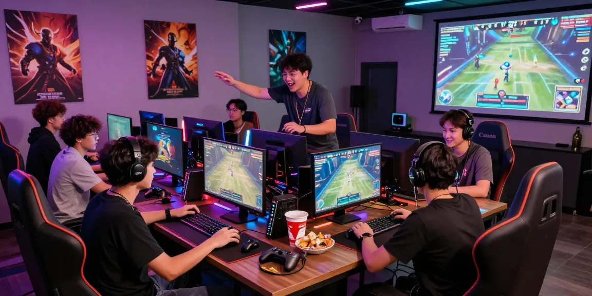 Engaging hit club gaming community scene with friends competing and celebrating