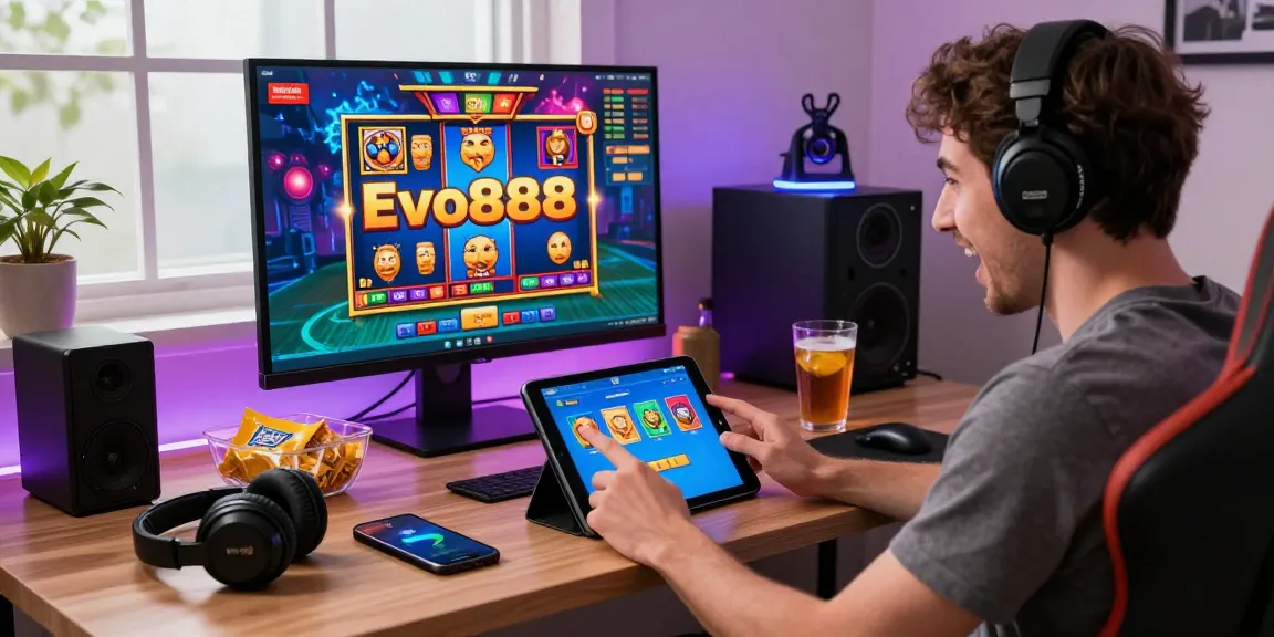 Evo888 app experience showcased by a player in a cozy gaming environment filled with vibrant elements and accessories, highlighting the excitement of online slots.