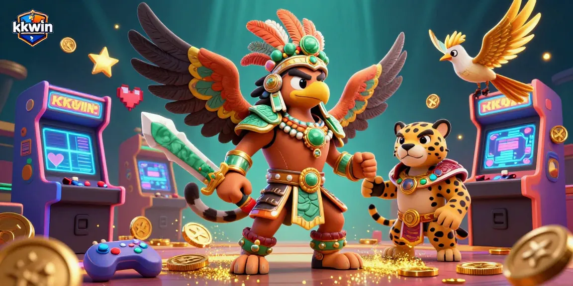 Experience kkwin's vibrant casino world with an Aztec warrior and exciting game elements.