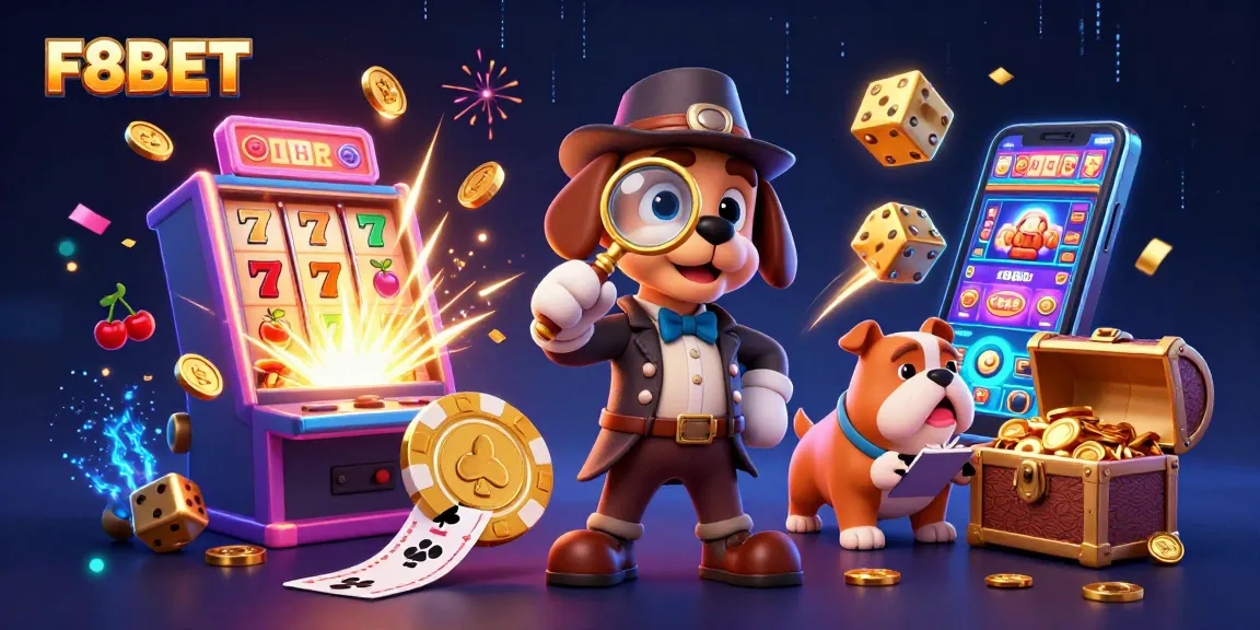 Experience thrilling F8BET adventures with a cartoon detective and slot machines in a vibrant casino scene.