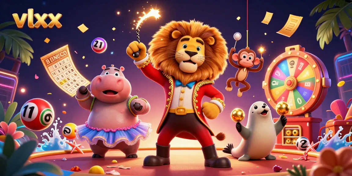 Engage with vlxx lottery excitement through an energetic 3D circus-themed casino illustration.