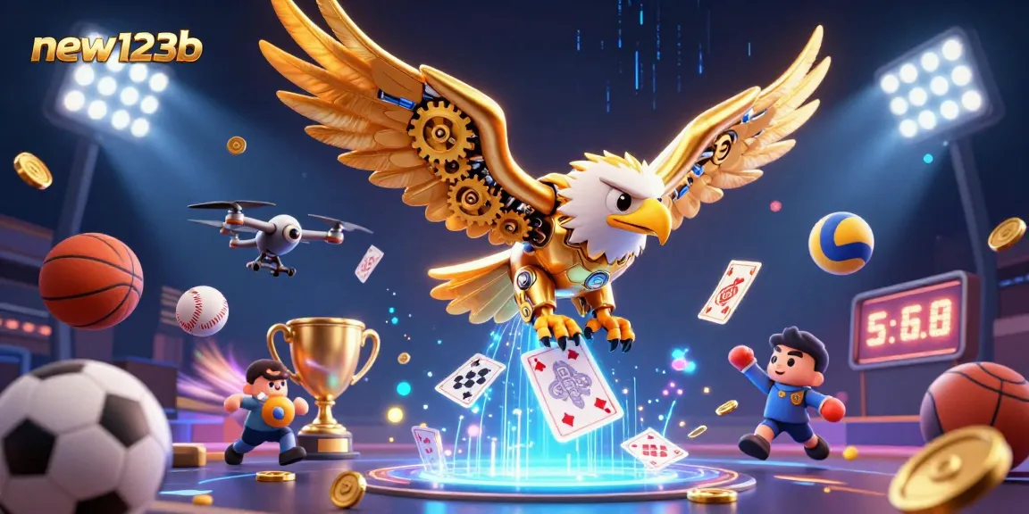 Experience thrilling wins with new123b, featuring a cyber eagle soaring among holographic cards and vibrant sports elements.