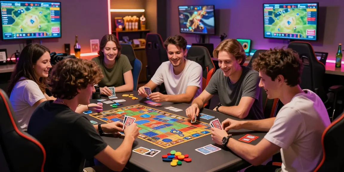 Excited group playing card games in a vibrant gaming room, sunwin-themed decorations visible.