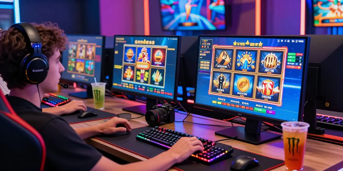 Slot online mengasyikkan dengan gamer menikmati permainan di komputer.