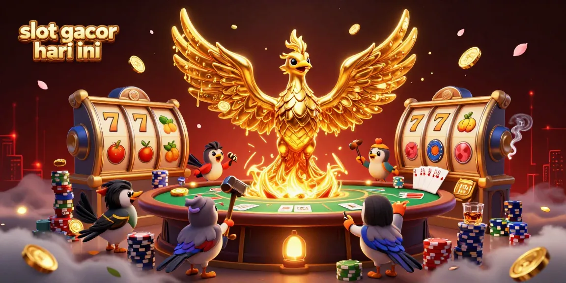Temukan slot gacor hari ini dengan ilustrasi 3D phoenix emas, simbol slot, dan suasana kasino yang menarik.