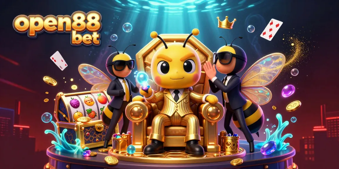 Join the excitement at open88 bet with a vivid scene depicting a cartoon mob boss, wasp bodyguards, and a butterfly amid a treasure trove of casino elements.