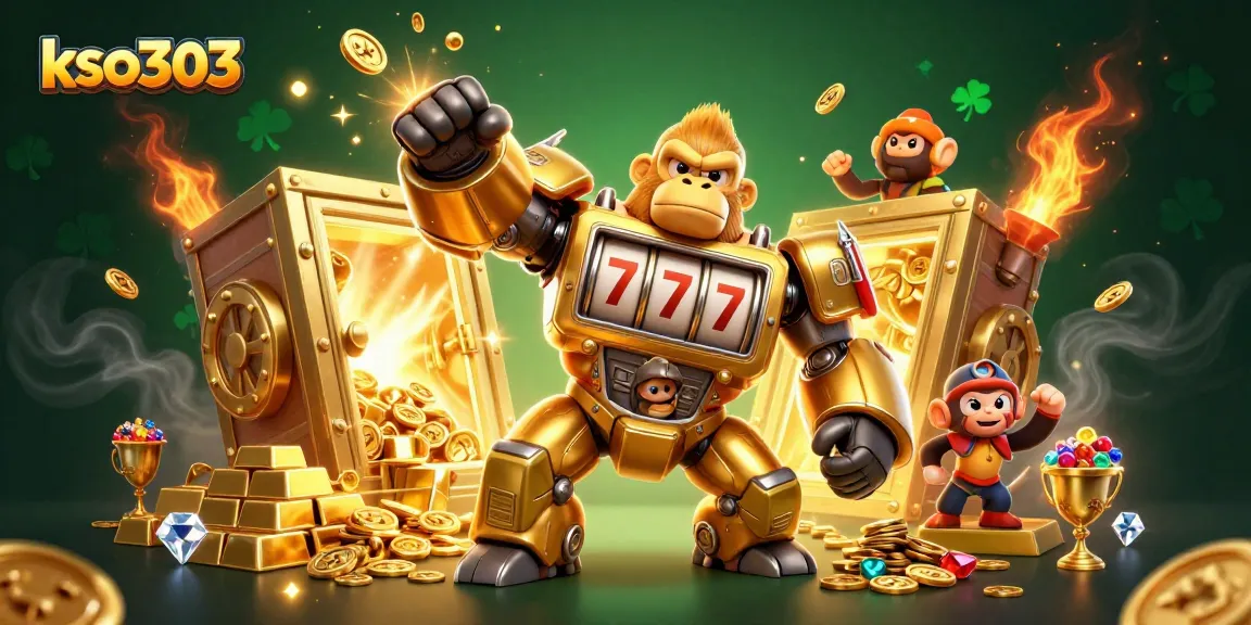 Permainan slot kso303 menampilkan gorila emas dan harta karun mengelilingi mesin slot.