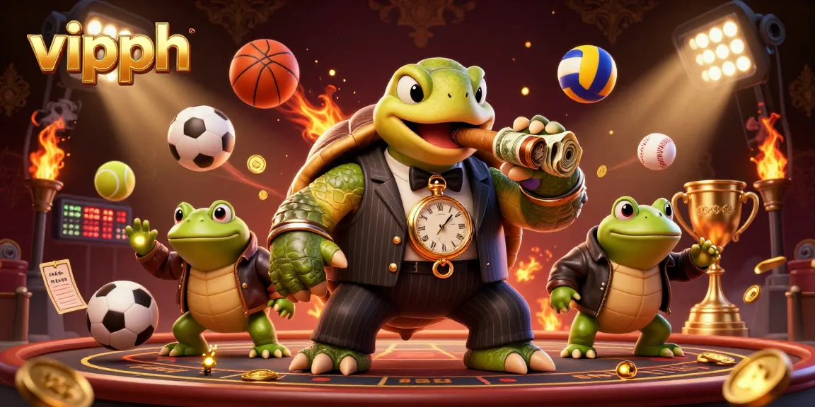 Experience the excitement of vipph with a cartoon snapping turtle mobster amidst vibrant casino action.