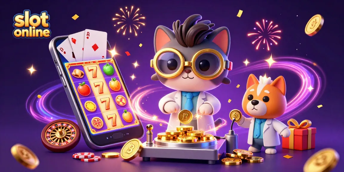 Slot online dengan berbagai elemen kemenangan dan permainan menarik termasuk mesin slot dan koin.