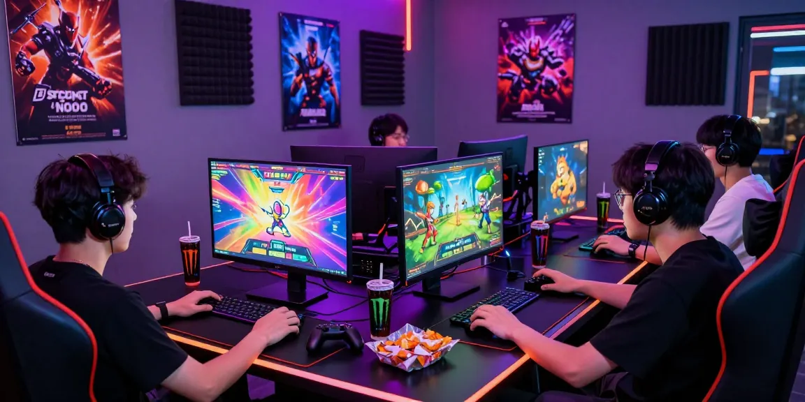 Vibrante Szene von Gamer-Freunden, die Non Gamstop Spiele in einer modernen Gaming-Umgebung spielen, umgeben von lebhaften Bildschirmen und energiegeladenem Ambiente.