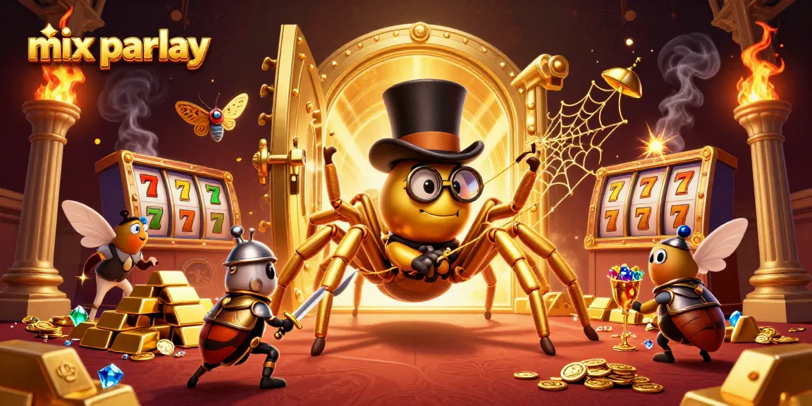 Menang besar dengan mix parlay di kasino, menyaksikan karakter menarik dalam ilustrasi 3D.