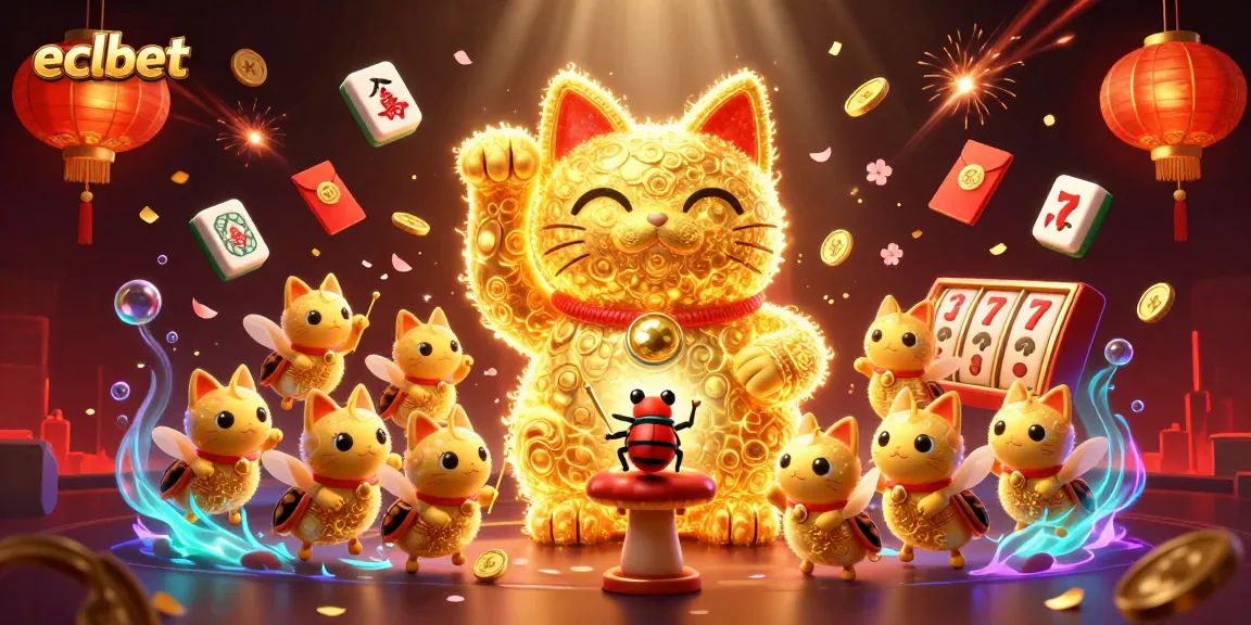 ECLBet's vibrant gaming atmosphere, showcasing colorful casino elements and a lucky cat illustration.