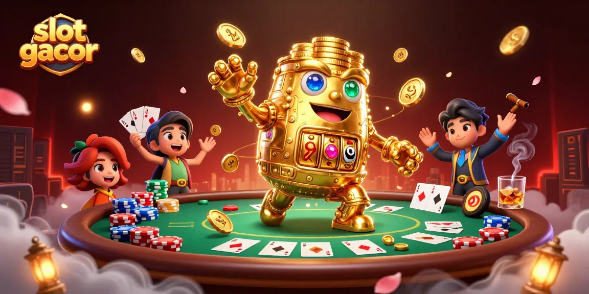 Engage in slot gacor action with a vibrant 3D casino scene featuring a golden golem and poker elements.